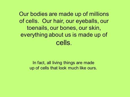 Our bodies are made up of millions of cells. Our hair, our eyeballs, our toenails, our bones, our skin, everything about us is made up of cells. In fact,