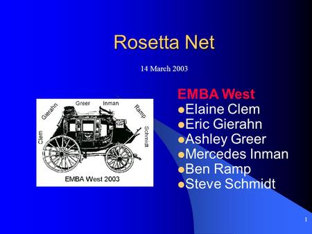 1 Rosetta Net EMBA West Elaine Clem Eric Gierahn Ashley Greer Mercedes Inman Ben Ramp Steve Schmidt 14 March 2003.