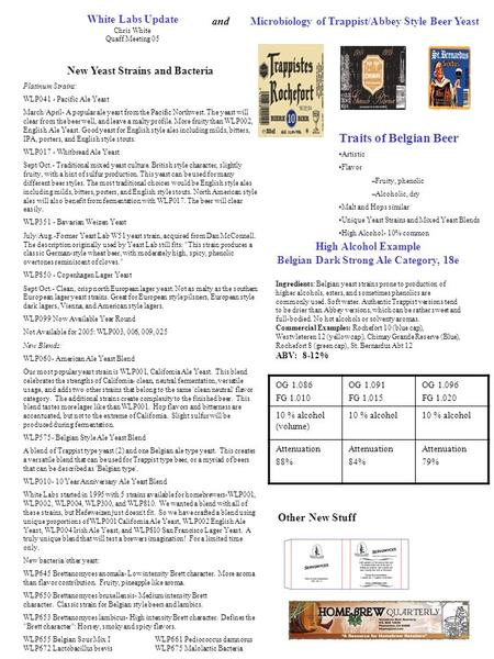 White Labs Update Chris White Quaff Meeting 05 New Yeast Strains and Bacteria Platinum Strains: WLP041 - Pacific Ale Yeast March/April- A popular ale yeast.