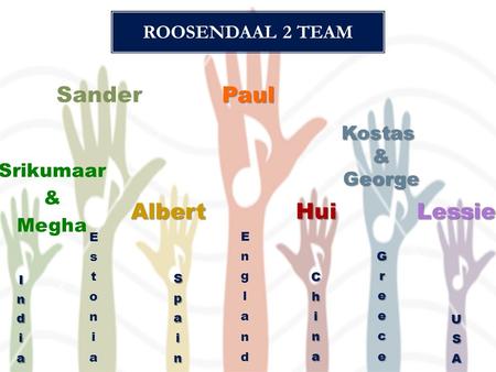 ROOSENDAAL 2 TEAM Srikumaar & Megha Sander Albert Paul Hui Kostas&George Lessie.