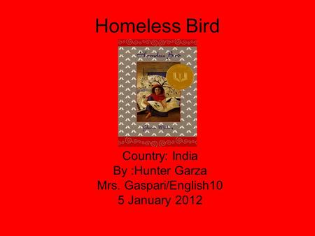 Homeless Bird Country: India By :Hunter Garza Mrs. Gaspari/English10 5 January 2012.