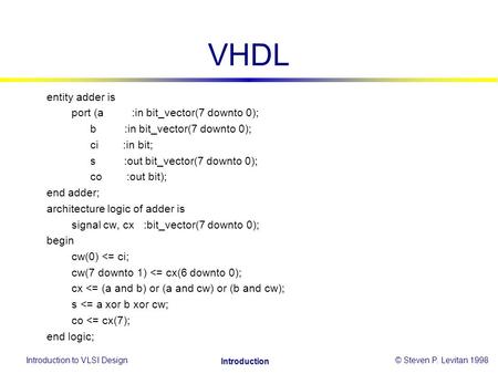 Introduction to VLSI Design© Steven P. Levitan 1998 Introduction VHDL entity adder is port (a :in bit_vector(7 downto 0); b :in bit_vector(7 downto 0);