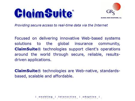 | e n a b l i n g | i n t e r a c t i v e | a d a p t i v e | O V E R V I E W Providing secure access to real-time data via the Internet Focused on delivering.