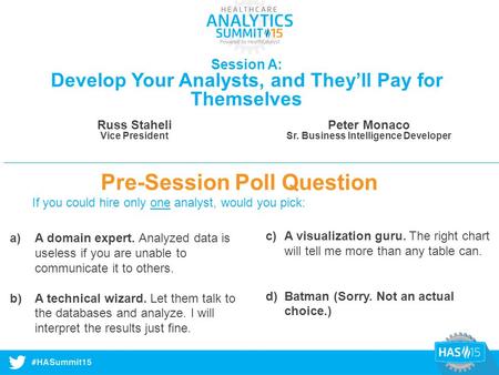 #HASummit14 Session A: Develop Your Analysts, and They’ll Pay for Themselves Pre-Session Poll Question If you could hire only one analyst, would you pick: