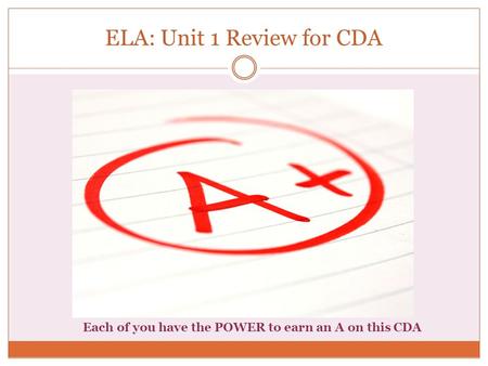 ELA: Unit 1 Review for CDA Each of you have the POWER to earn an A on this CDA.