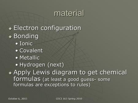 October 6, 2015October 6, 2015October 6, 2015 GSCI 163 Spring 2010 material  Electron configuration  Bonding IonicIonic CovalentCovalent MetallicMetallic.