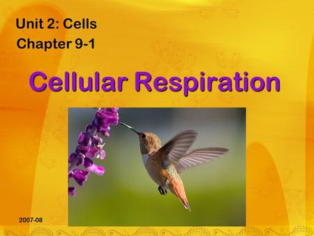 2007-08 Cellular Respiration Unit 2: Cells Chapter 9-1.