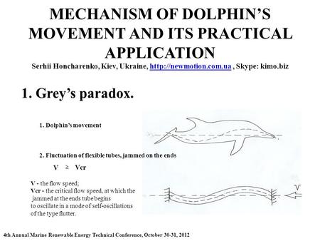 MECHANISM OF DOLPHIN’S MOVEMENT AND ITS PRACTICAL APPLICATION Serhii Honcharenko, Kiev, Ukraine,  Skype: kimo.bizhttp://newmotion.com.ua.