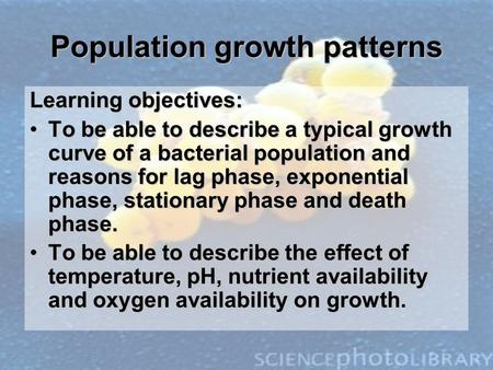 Population growth patterns Learning objectives: To be able to describe a typical growth curve of a bacterial population and reasons for lag phase, exponential.