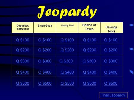 Jeopardy Depository Institutions Smart Goals Identity Theft Basics of Taxes Savings Tools Q $100 Q $200 Q $300 Q $400 Q $500 Q $100 Q $200 Q $300 Q $400.