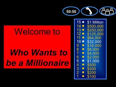 15 14 13 12 11 10 9 8 7 6 5 4 3 2 1 $1 Million $500,000 $250,000 $125,000 $64,000 $32,000 $16,000 $8,000 $4,000 $2,000 $1,000 $500 $300 $200 $100 Welcome.