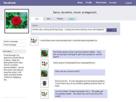 Facebook Sarny (dynamic, round, protagonist) Logout Poke message Wall PhotosVideos Status… Share Information I wish there were more people that I could.