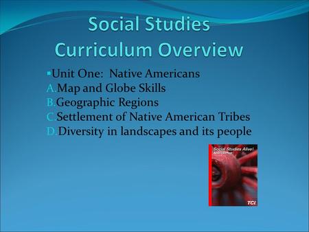  Unit One: Native Americans A. Map and Globe Skills B. Geographic Regions C. Settlement of Native American Tribes D. Diversity in landscapes and its people.