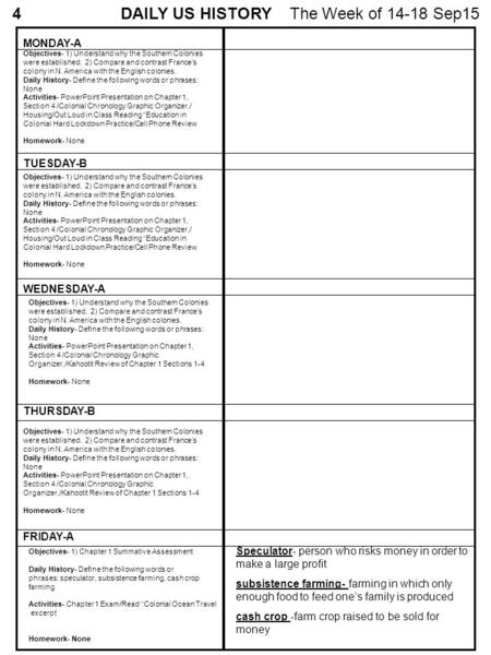 MONDAY-A TUESDAY-B WEDNESDAY-A THURSDAY-B FRIDAY-A DAILY US HISTORY The Week of 14-18 Sep15 Objectives- 1) Define the triangular trade and how it affected.