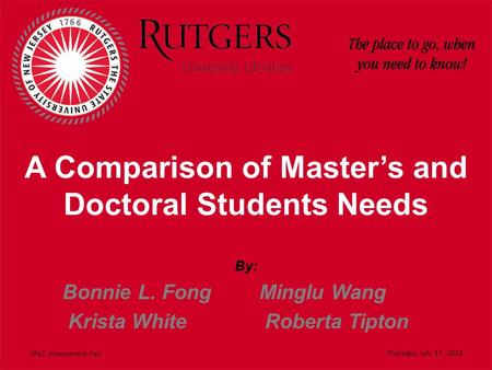 A Comparison of Master’s and Doctoral Students Needs By: Bonnie L. Fong Minglu Wang Krista White Roberta Tipton VALE Assessment Fair Thursday, July 17,