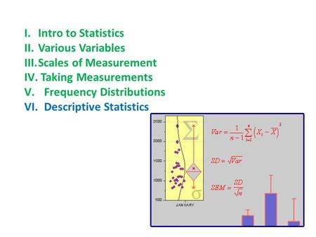 I.Intro to Statistics II.Various Variables III.Scales of Measurement IV. Taking Measurements V.Frequency Distributions VI.Descriptive Statistics.