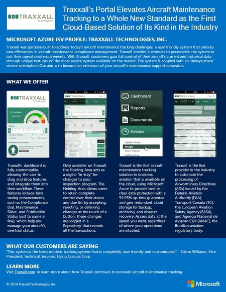 Traxxall’s Portal Elevates Aircraft Maintenance Tracking to a Whole New Standard as the First Cloud-Based Solution of Its Kind in the Industry MICROSOFT.