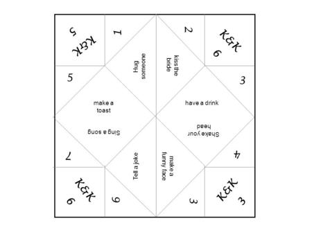 K&K 5 1 2 3 3 5 6 4 7 kiss the bride make a funny face have a drinkmake a toast Shake your head Sing a song Hug someone Tell a joke Cootie Catcher or Fortune.