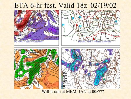 ETA 6-hr fcst. Valid 18z 02/19/02 Will it rain at MEM, JAN at 00z???