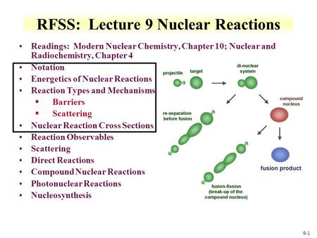 9-1 RFSS: Lecture 9 Nuclear Reactions Readings: Modern Nuclear Chemistry, Chapter 10; Nuclear and Radiochemistry, Chapter 4 Notation Energetics of Nuclear.