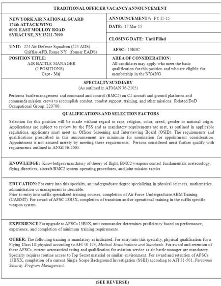 TRADITIONAL OFFICER VACANCY ANNOUNCEMENT NEW YORK AIR NATIONAL GUARD 174th ATTACK WING 6001 EAST MOLLOY ROAD SYRACUSE, NY 13211-7099 ANNOUNCEMENT#: FY.