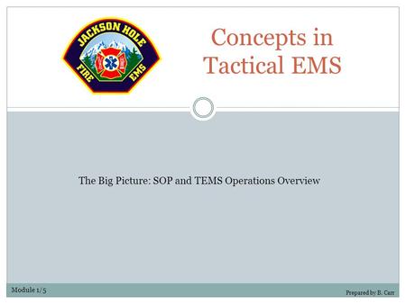 Concepts in Tactical EMS Prepared by B. Carr The Big Picture: SOP and TEMS Operations Overview Module 1/5.