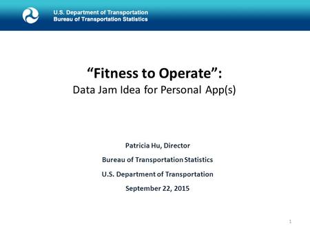 “Fitness to Operate”: Data Jam Idea for Personal App(s) Patricia Hu, Director Bureau of Transportation Statistics U.S. Department of Transportation September.