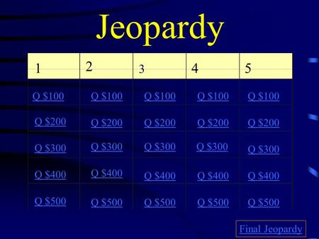 Jeopardy 1 2 3 4 5 Q $100 Q $200 Q $300 Q $400 Q $500 Q $100 Q $200 Q $300 Q $400 Q $500 Final Jeopardy.