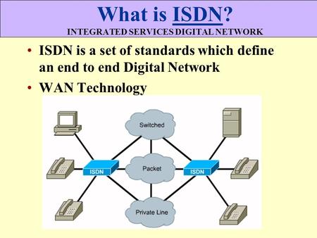 What is ISDN? INTEGRATED SERVICES DIGITAL NETWORK ISDN is a set of standards which define an end to end Digital Network WAN Technology.