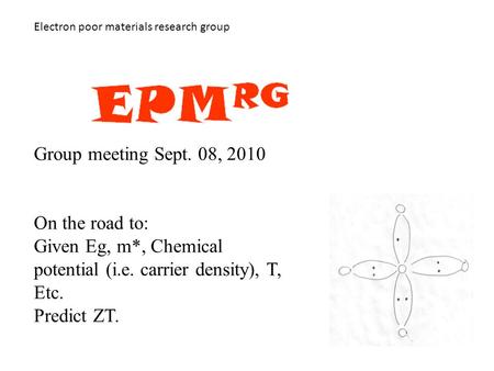 Electron poor materials research group Group meeting Sept. 08, 2010 On the road to: Given Eg, m*, Chemical potential (i.e. carrier density), T, Etc. Predict.