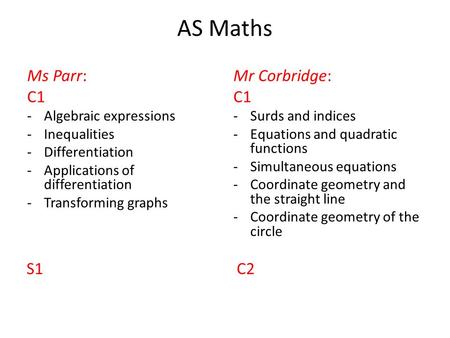 AS Maths Ms Parr: C1 -Algebraic expressions -Inequalities -Differentiation -Applications of differentiation -Transforming graphs Mr Corbridge: C1 -Surds.