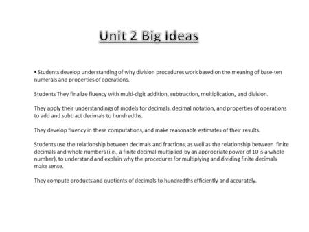 Students develop understanding of why division procedures work based on the meaning of base-ten numerals and properties of operations. Students They finalize.