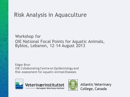 Risk Analysis in Aquaculture Workshop for OIE National Focal Points for Aquatic Animals, Byblos, Lebanon, 12–14 August 2013 Edgar Brun OIE Collaborating.