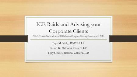 ICE Raids and Advising your Corporate Clients AILA Texas/New Mexico/Oklahoma Chapter, Spring Conference 2015 Faye M. Kolly, DMCA LLP Susan K. McConn, Foster.