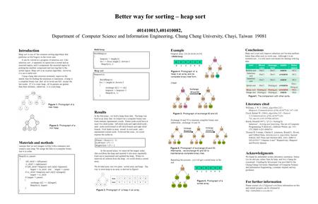 Better way for sorting – heap sort 401410013,401410082, Department of Computer Science and Information Engineering, Chung Cheng University, Chayi, Taiwan.