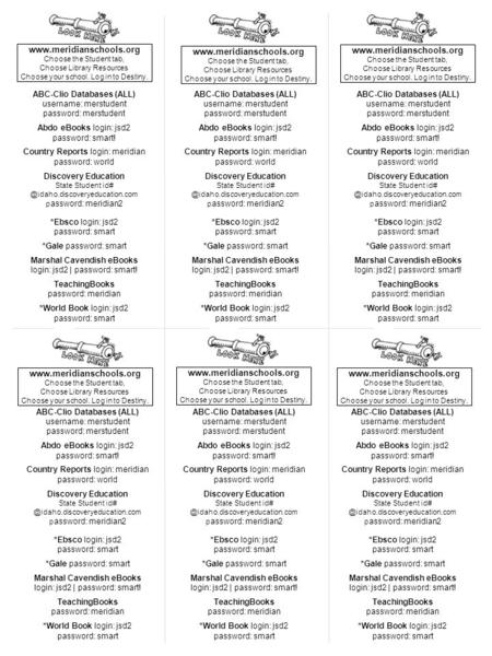 ABC-Clio Databases (ALL) username: merstudent password: merstudent Abdo eBooks login: jsd2 password: smart! Country Reports login: meridian password: world.