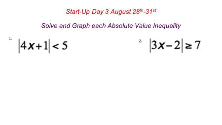 Start-Up Day 3 August 28 th -31 st Solve and Graph each Absolute Value Inequality.