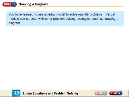 You have learned to use a verbal model to solve real-life problems. Verbal models can be used with other problem solving strategies, such as drawing a.