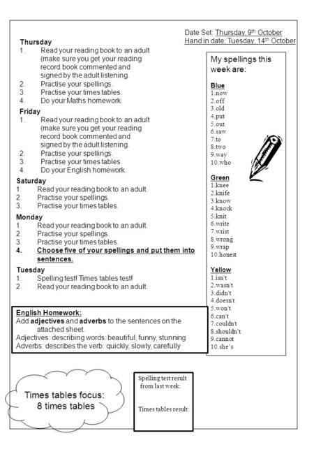 Friday 1.Read your reading book to an adult (make sure you get your reading record book commented and signed by the adult listening. 2.Practise your spellings.