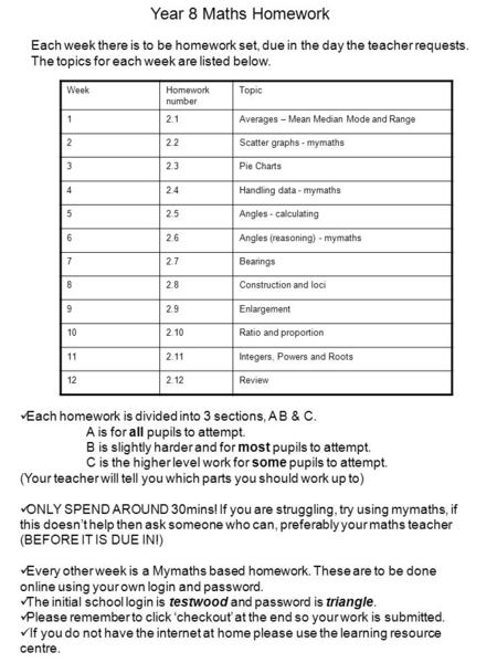 Year 8 Maths Homework WeekHomework number Topic 12.1Averages – Mean Median Mode and Range 2 2.2Scatter graphs - mymaths 3 2.3Pie Charts 42.4Handling data.