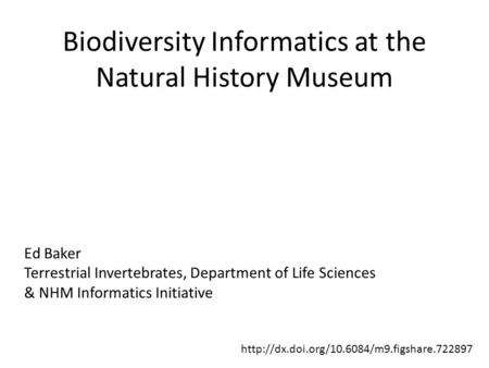 Biodiversity Informatics at the Natural History Museum Ed Baker Terrestrial Invertebrates, Department of Life Sciences & NHM Informatics Initiative