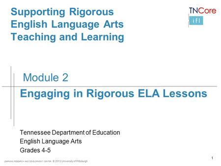 LEARNING RESEARCH AND DEVELOPMENT CENTER © 2013 University of Pittsburgh Supporting Rigorous English Language Arts Teaching and Learning Tennessee Department.