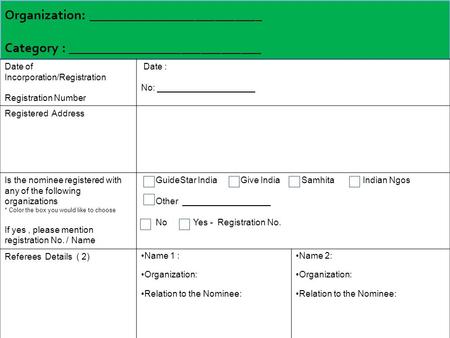 Organization: __________________________ Category : _____________________________ Date of Incorporation/Registration Registration Number Date : No: ____________________.