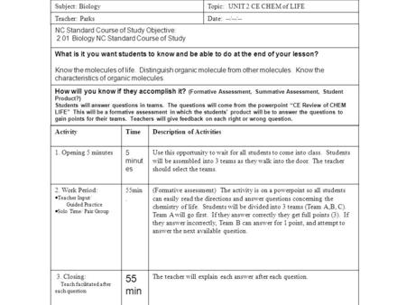 Subject: BiologyTopic: UNIT 2 CE CHEM of LIFE Teacher: ParksDate: --/--/-- NC Standard Course of Study Objective: 2.01 Biology NC Standard Course of Study.