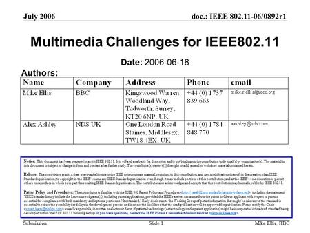 Doc.: IEEE 802.11-06/0892r1 Submission July 2006 Mike Ellis, BBCSlide 1 Multimedia Challenges for IEEE802.11 Notice: This document has been prepared to.