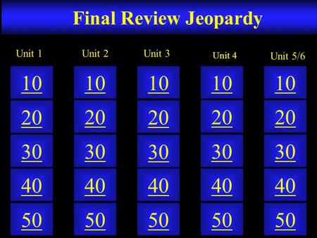 Final Review Jeopardy 50 40 10 20 30 50 40 10 20 30 50 40 10 20 30 50 40 10 20 30 50 40 10 20 30 Unit 2Unit 1 Unit 4 Unit 5/6 Unit 3.