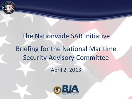 The Nationwide SAR Initiative Briefing for the National Maritime Security Advisory Committee April 2, 2013.