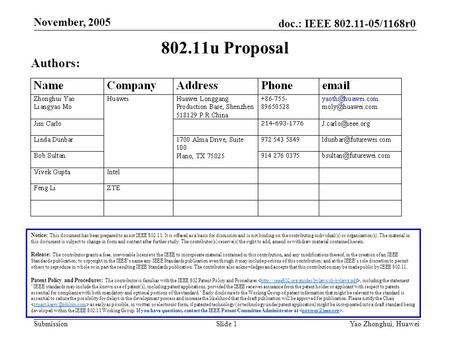 Doc.: IEEE 802.11-05/1168r0 Submission November, 2005 Yao Zhonghui, Huawei Slide 1 802.11u Proposal Authors: Notice: This document has been prepared to.