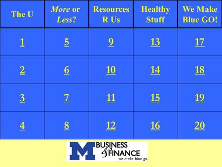 2 3 4 5 6 7 8 9 10 11 12 13 14 15 16 17 18 19 20 1 The U More or Less? Resources R Us Healthy Stuff We Make Blue GO!