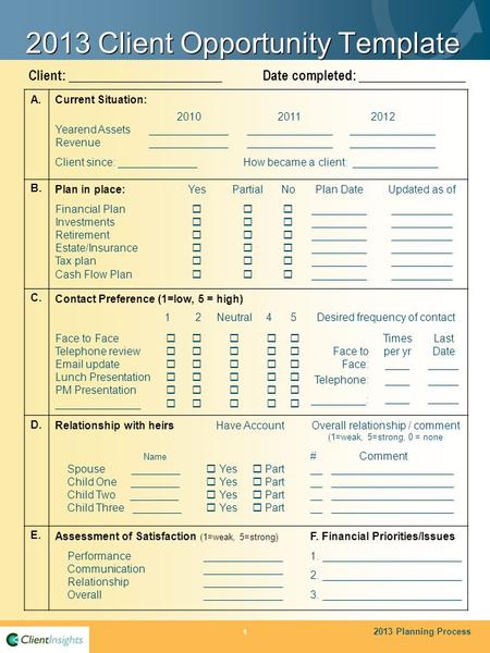 1 2013 Planning Process 2013 Client Opportunity Template A.Current Situation: Yearend Assets Revenue 2010 _____________ 2011 ______________ 2012 ______________.